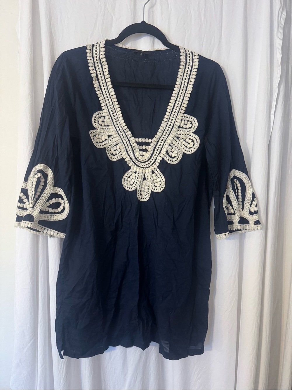 J. Crew Navy Top with Cream Crochet Accent Size Small Beach, Tunic, Cover up!